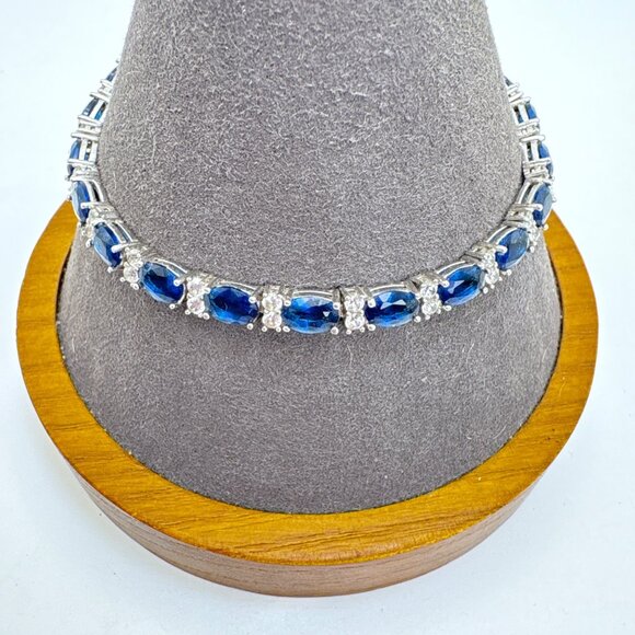 VTG Sterling Silver 925 Synthetic Sapphire & CZ Tennis Bracelet Size 7.5" Length - Picture 1 of 9